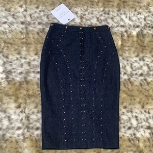 Tamara Mellon Denim Pencil Skirt with Gold Rivets